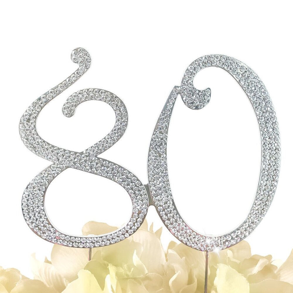 Rhinestone Cake Topper - Number 80 - Silver Metal with Czech Rhinestones